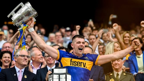 20 July 2025; Ronan Maher of Tipperary lifts the Liam MacCarthy Cup after his side's victory in the GAA Hurling All-Ireland Senior Championship final match between Cork and Tipperary at Croke Park in Dublin. Photo by Stephen McCarthy/Sportsfile