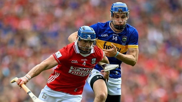 20 July 2025; Seán O'Donoghue of Cork in action against John McGrath of Tipperary during the GAA Hurling All-Ireland Senior Championship final match between Cork and Tipperary at Croke Park in Dublin. Photo by Stephen McCarthy/Sportsfile