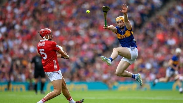 20 July 2025; Ciarán Joyce of Cork in action against Andrew Ormond of Tipperary during the GAA Hurling All-Ireland Senior Championship final match between Cork and Tipperary at Croke Park in Dublin. Photo by Stephen McCarthy/Sportsfile
