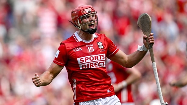 20 July 2025; Brian Hayes of Cork celebrates his side's first goal, scored by teammate Shane Barrett, not pictured, during the GAA Hurling All-Ireland Senior Championship final match between Cork and Tipperary at Croke Park in Dublin. Photo by Seb Daly/Sportsfile
