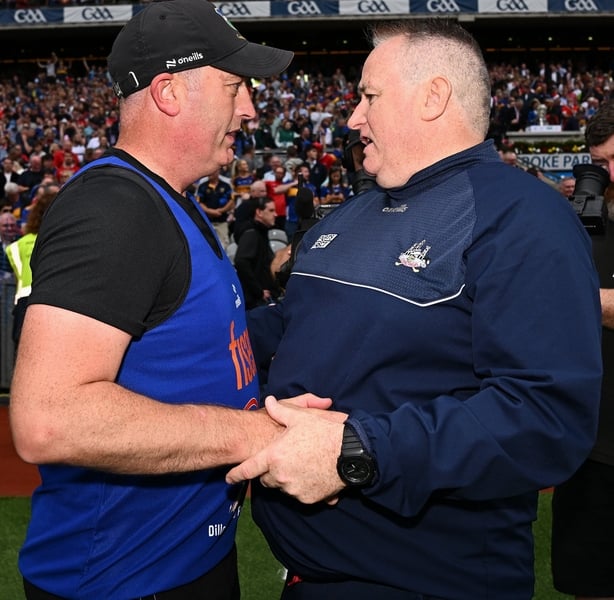20 July 2025; Tipperary manager Liam Cahill, left, shakes hands with Cork manager Pat Ryan after the GAA Hurling All-Ireland Senior Championship final match between Cork and Tipperary at Croke Park in Dublin. Photo by Seb Daly/Sportsfile