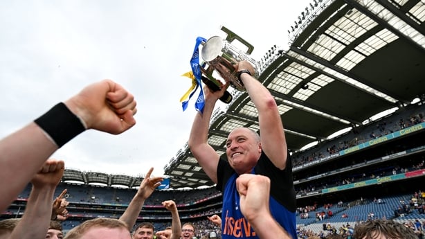 20 July 2025; Tipperary manager Liam Cahill celebrates with the Liam MacCarthy Cup after his side's victory in the GAA Hurling All-Ireland Senior Championship final match between Cork and Tipperary at Croke Park in Dublin. Photo by Stephen McCarthy/Sportsfile