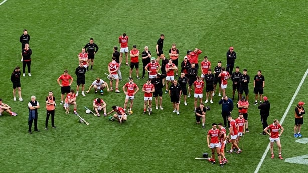 20 July 2025; Dejected Cork players after the GAA Hurling All-Ireland Senior Championship final match between Cork and Tipperary at Croke Park in Dublin. Photo by Daire Brennan/Sportsfile