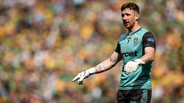 13 July 2025; Donegal goalkeeper Shaun Patton during the GAA Football All-Ireland Senior Championship semi-final match between Meath and Donegal at Croke Park in Dublin. Photo by Seb Daly/Sportsfile