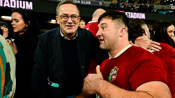 22 July 2025; Tom Clarkson of British & Irish Lions with his father Finbarr after the tour match between First Nations & Pasifika XV and the British & Irish Lions at Marvel Stadium in Melbourne, Australia. Photo by Brendan Moran/Sportsfile