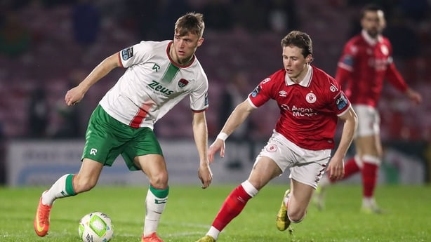 7 March 2025; Alex Nolan of Cork City in action against Will Fitzgerald of Sligo Rovers during the SSE Airtricity Men's Premier Division match between Cork City and Sligo Rovers at Turner's Cross in Cork. Photo by Michael P Ryan/Sportsfile