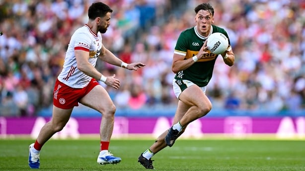 12 July 2025; David Clifford of Kerry in action against Padraig Hampsey of Tyrone during the GAA Football All-Ireland Senior Championship semi-final match between Kerry and Tyrone at Croke Park in Dublin. Photo by Seb Daly/Sportsfile