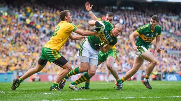 21 September 2014; Kieran Donaghy, Kerry, in action against �amonn McGee, left, and Leo McLoone, Donegal. GAA Football All Ireland Senior Championship Final, Kerry v Donegal. Croke Park, Dublin. Picture credit: Ramsey Cardy / SPORTSFILE