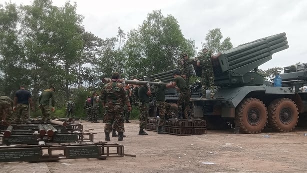 Cambodian soldiers reload a BM-21 multiple rocket launcher in Preah Vihear province 