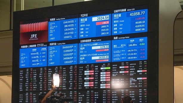 A board showing worldwide stock figures