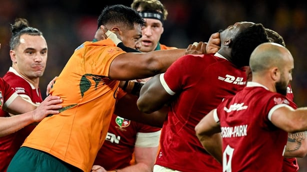 26 July 2025; Will Skelton of Australia tussles with Maro Itoje of British & Irish Lions during the second test match between Australia and the British & Irish Lions at the Melbourne Cricket Ground in Melbourne, Australia. Photo by Brendan Moran/Sportsfile