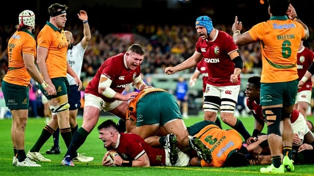 26 July 2025; Dan Sheehan of British & Irish Lions celebrates after scoring his side's first try during the second test match between Australia and the British & Irish Lions at the Melbourne Cricket Ground in Melbourne, Australia. Photo by Brendan Moran/Sportsfile