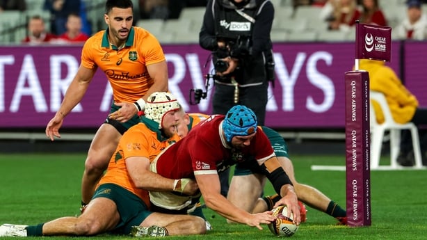 26 July 2025; Tadhg Beirne of British & Irish Lions scores his side's fourth try during the second test match between Australia and the British & Irish Lions at the Melbourne Cricket Ground in Melbourne, Australia. Photo by Steve Christo/Sportsfile