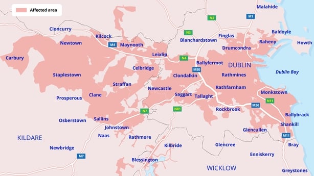 A map names areas of Dublin in pink with areas impacted by a water shortage highlighted in darker pink