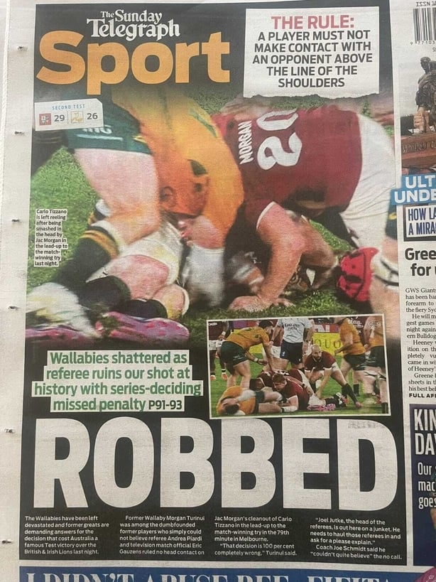 The back page of Australia's Sunday Telegraph, which says the Wallabies were robbed versus the Lions