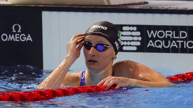 Danielle Hill of Ireland reacts after the Women's 50m Back stroke semi final during the World Aquatics Championships 2025 in Singapore.
