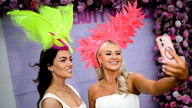Galway , Ireland - 31 July 2025; Racegoers Andrea Murray and Laura Nash, from Ballina, Mayo, take a selfie ahead of racing on day four of the Galway Races Summer Festival at Ballybrit Racecourse in Galway. (Photo By Seb Daly/Sportsfile via Getty Images)