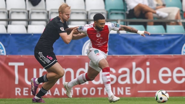 31 July 2025; Jake Mulraney of St Patrick's Athletic in action against Kristjan Kask of Kalju the UEFA Conference League Second Qualifying Round second leg match between Nõmme Kalju FC and St Patrick's Athletic at Lilleküla Stadium in Tallinn, Estonia. Photo by Evaldas Semiotas/Sportsfile