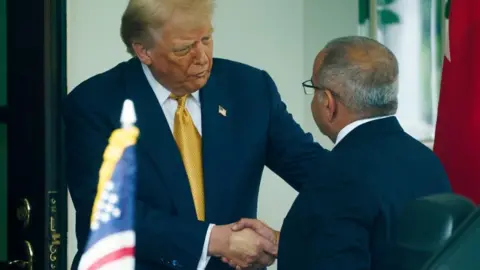 EPA US President Donald Trump (L) greets Bahrain's Prime Minister and Crown Prince Sheikh Salman bin Hamad al-Khalifa with a handshake outside the White House. Trump's hand clearly bears a patch of makeup in a shade that does not match his skin