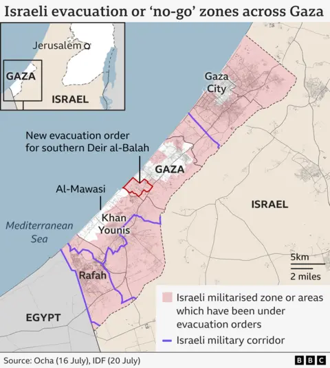 A BBC map titled "Israeli evacuation or 'no go' zones across Gaza". It shows the Gaza strip, and the borders with Israel and Egypt. The map shows four Israeli military corridors which cut across Gaza, and is shaded to show how almost all of the territory has been under evacuation orders. The newly affected area, the city of Deir al-Balah in central Gaza, is shown with a red outline.