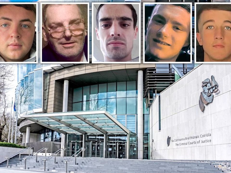 Left to right: Sean Conroy (21), Mark McMahon (55), Mark Keogh (33), Kian Walshe (22), Braxton Rice (20). All five admitted to falsely imprisoning and assaulting the woman at Henrietta House in Bolton Street, Dublin 7, on September 26, 2024.