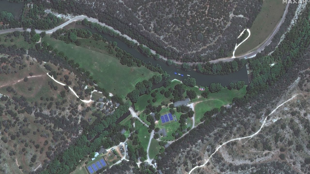 A satellite image of Camp Mystic in Hunt, Texas, on June 23, 2023, before the floods.