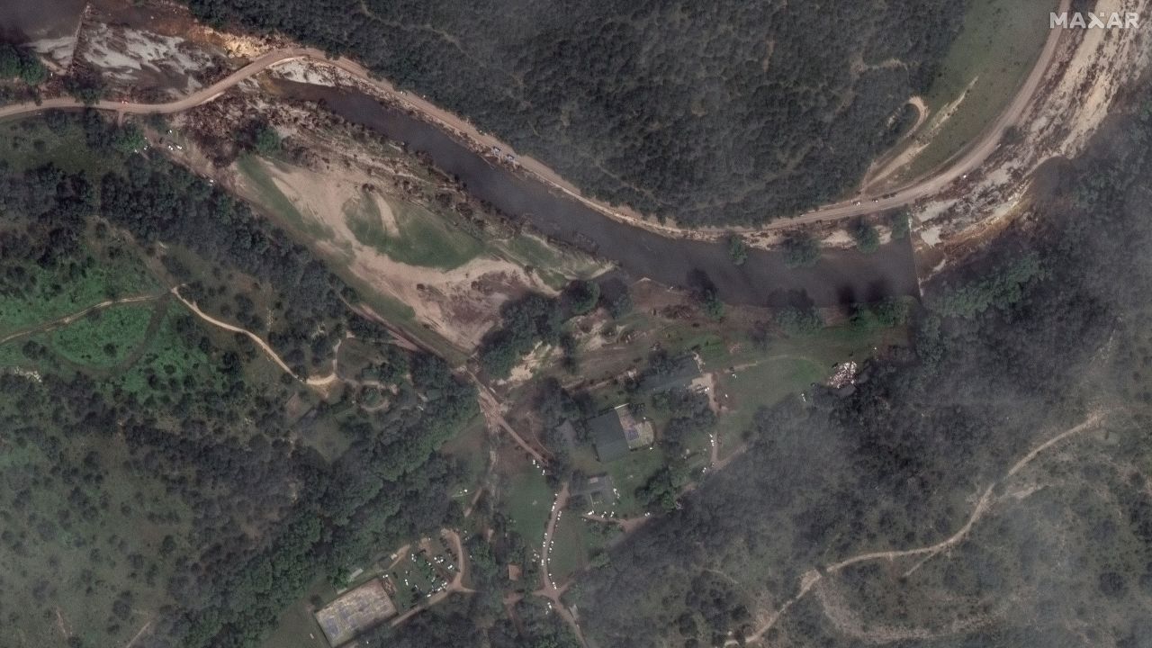 A satellite image of Camp Mystic in Hunt, Texas, on July 8, 2025, after the floods.