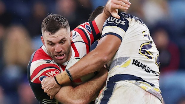 SYDNEY, AUSTRALIA - JUNE 22: James Tedesco of the Roosters is tackled during the round 16 NRL match between Sydney Roosters and North Queensland Cowboys at Allianz Stadium, on June 22, 2025, in Sydney, Australia. (Photo by Jeremy Ng/Getty Images)