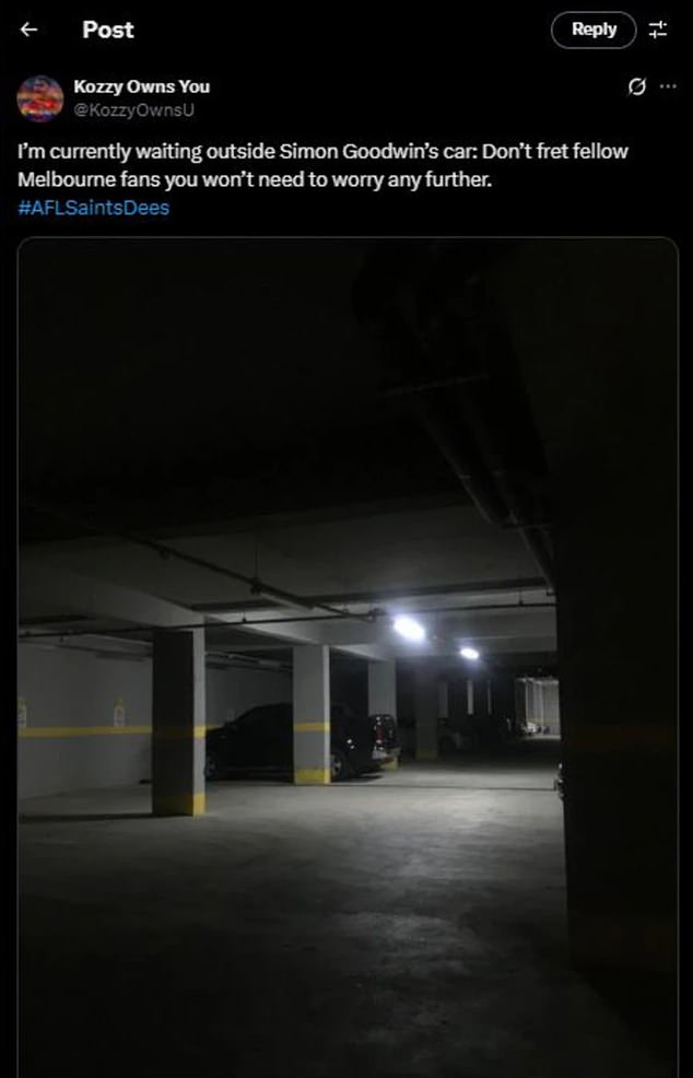 The threat was posted with a photo of Goodwin's car parked in an underground garage, as it would likely have been during the team's match at Marvel Stadium on Sunday