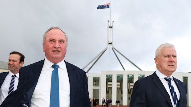 Some Nationals MPs, including Barnaby Joyce, Michael McCormack and Matt Canavan (rear), are calling for the net-zero target to be dumped entirely.