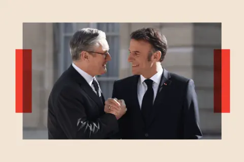 Getty Images Keir Starmer is greeted by Emmanuel Macron ahead of the 'Coalition Of The Willing' summit in support of Ukraine at Elysee Palace on 27 March 2025 in Paris, France.