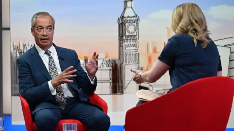 Nigel Farage on the BBC's Sunday with Laura Kuenssberg, sitting in a red chair and wearing a dark blue suit.
