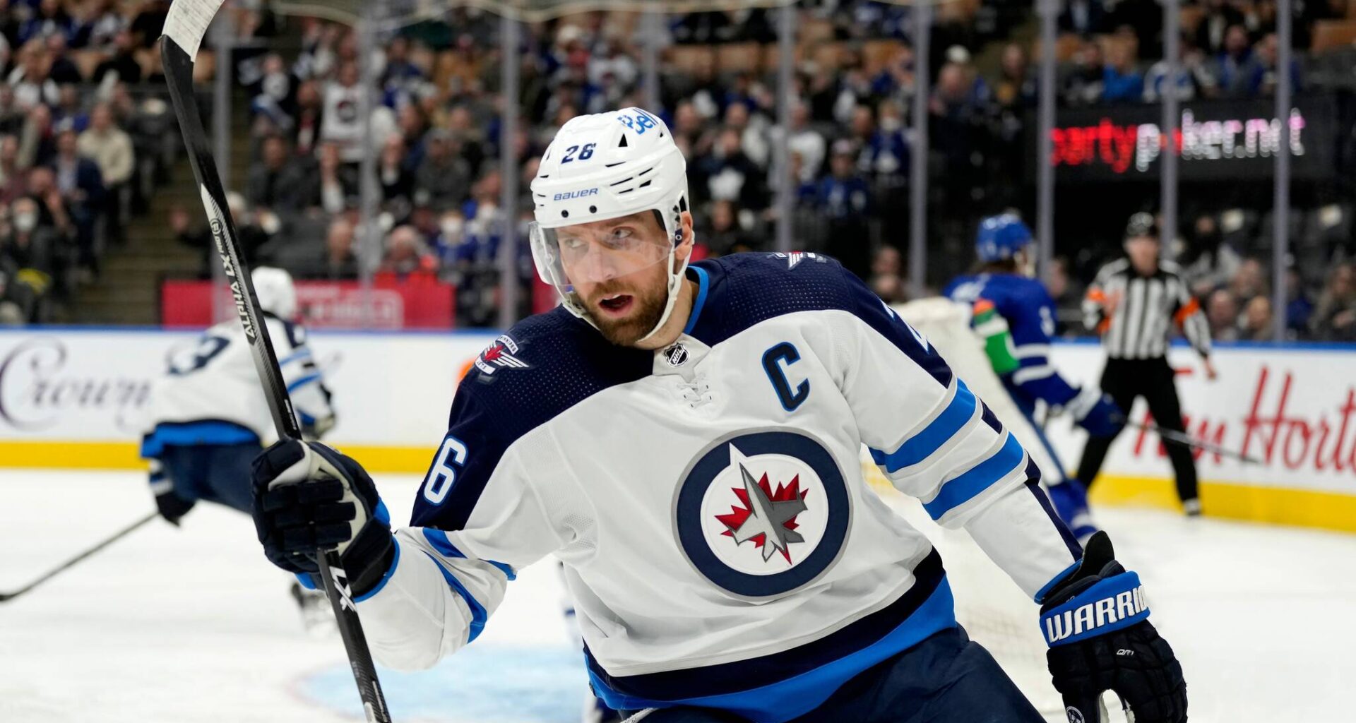Winnipeg Jets right wing Blake Wheeler (26) celebrates his goal during first period NHL hockey action against the Toronto Maple Leafs, in Toronto, Thursday, March 31, 2022. THE CANADIAN PRESS/Frank Gunn