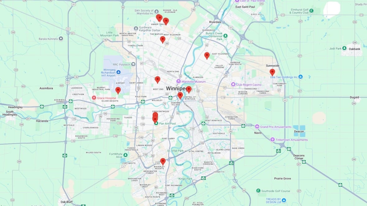 A map of Winnipeg, with several red flags spread throughout.