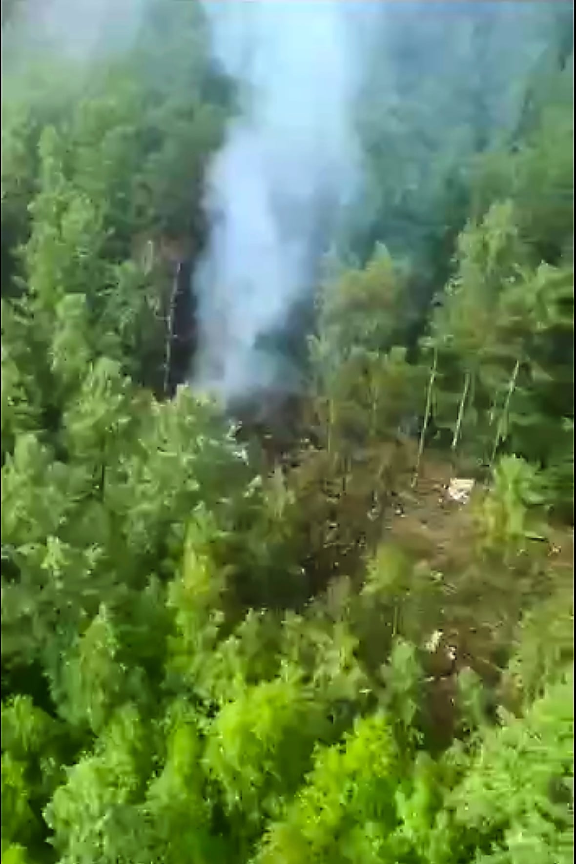 Smoke is shown rising in a heavily forested area.