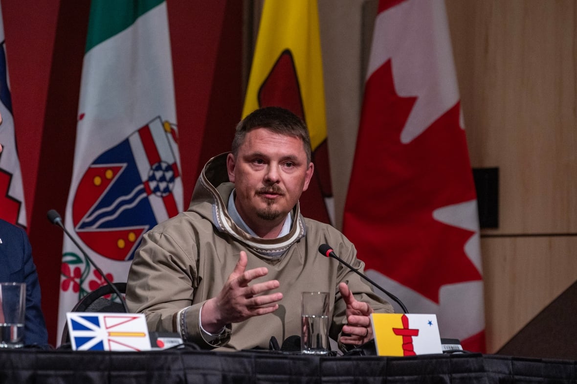 Premier of Nunavut P.J. Akeeagok speaks  to media following the First Minister’s Meeting in Saskatoon, Sask., Monday, June 2, 2025.