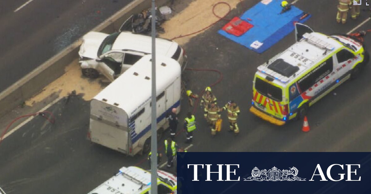 West Gate Freeway closed after truck, car and horse float collide
