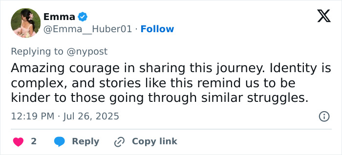 Tweet by user Emma expressing support for a model pushed to transition at 15 who now detransitions, discussing identity struggles.