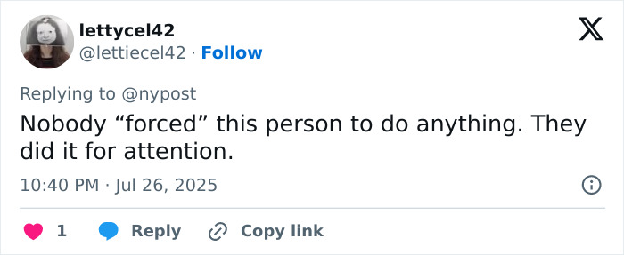 Tweet from user lettycel42 replying to a post, expressing opinion on transition and attention in a social media comment.