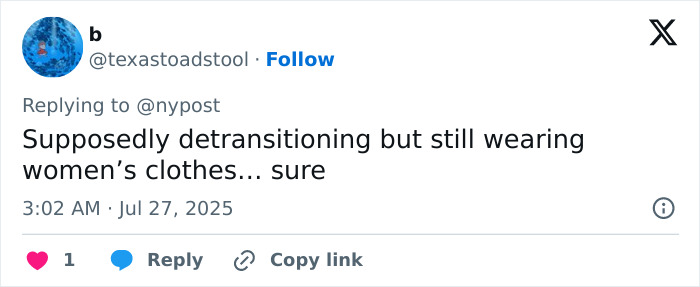 Tweet screenshot criticizing a model detransitioning after being pushed to transition at age 15, discussing clothing choices.