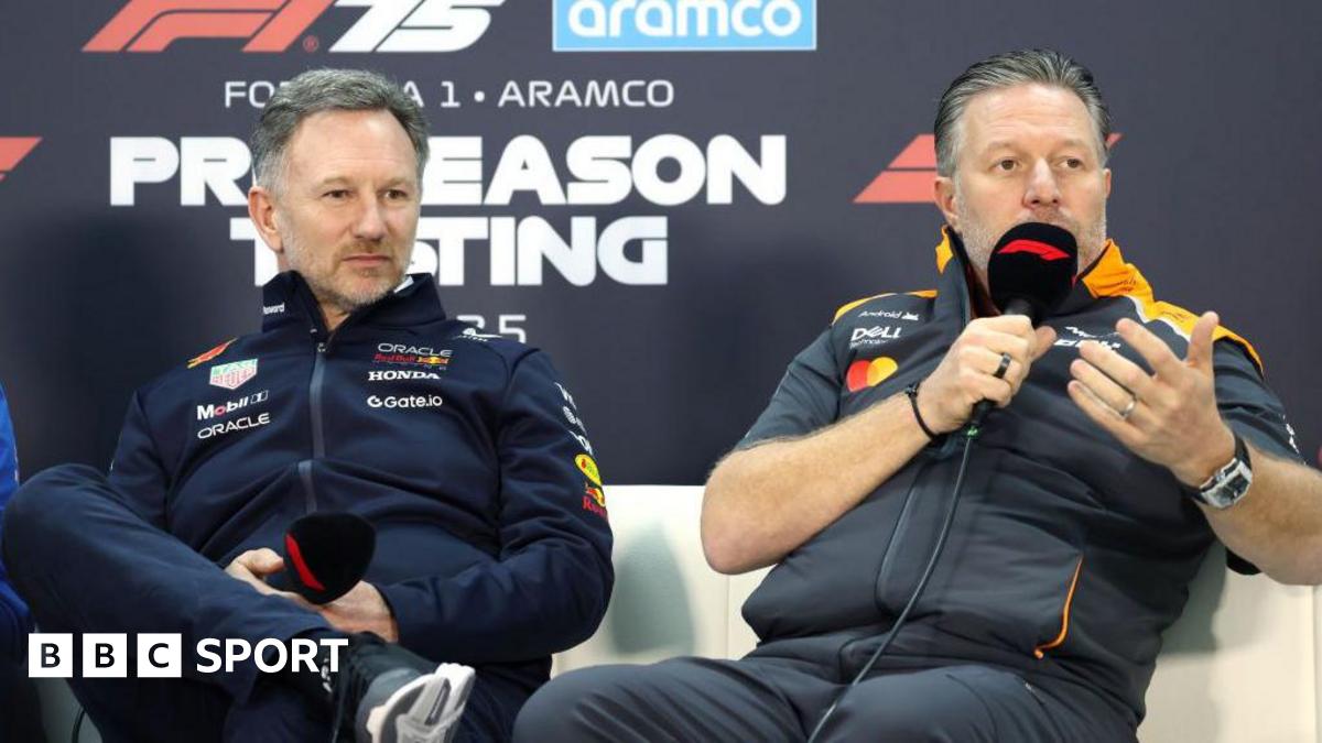 Christian Horner and Zak Brown in a news conference during pre-season testing