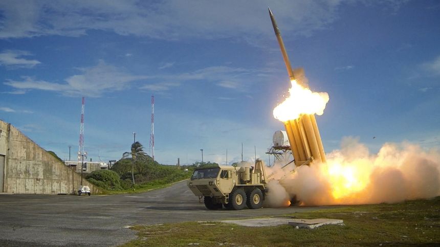 A Terminal High Altitude Area Defense (THAAD) interceptor is launched during a successful test in this undated handout photo provided by the US Department of Defense. THAAD systems are capable of intercepting and countering ballistic missiles.