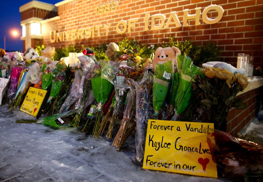 A sign for victim Kaylee Goncalves is seen in front of a University of Idaho campus sign in Moscow, Idaho, on November 29, 2022.