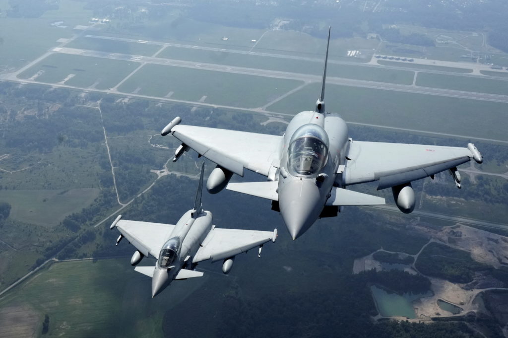 Italian and Spanish Air Force Eurofighter jets perform air policing mission