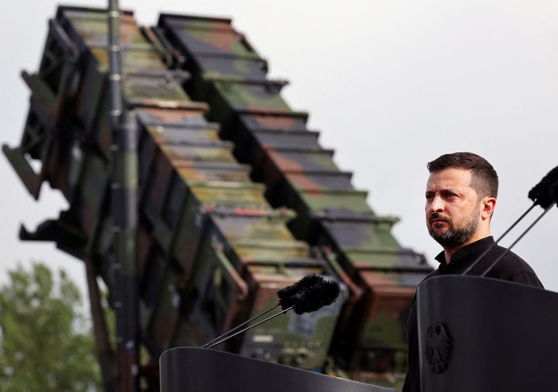 Ukrainian President Volodymyr Zelensky looks on during a visit to a military training area to find out about the training of Ukrainian soldiers on the “Patriot” anti-aircraft missile system, at an undisclosed location, in Germany, June 11, 2024.
