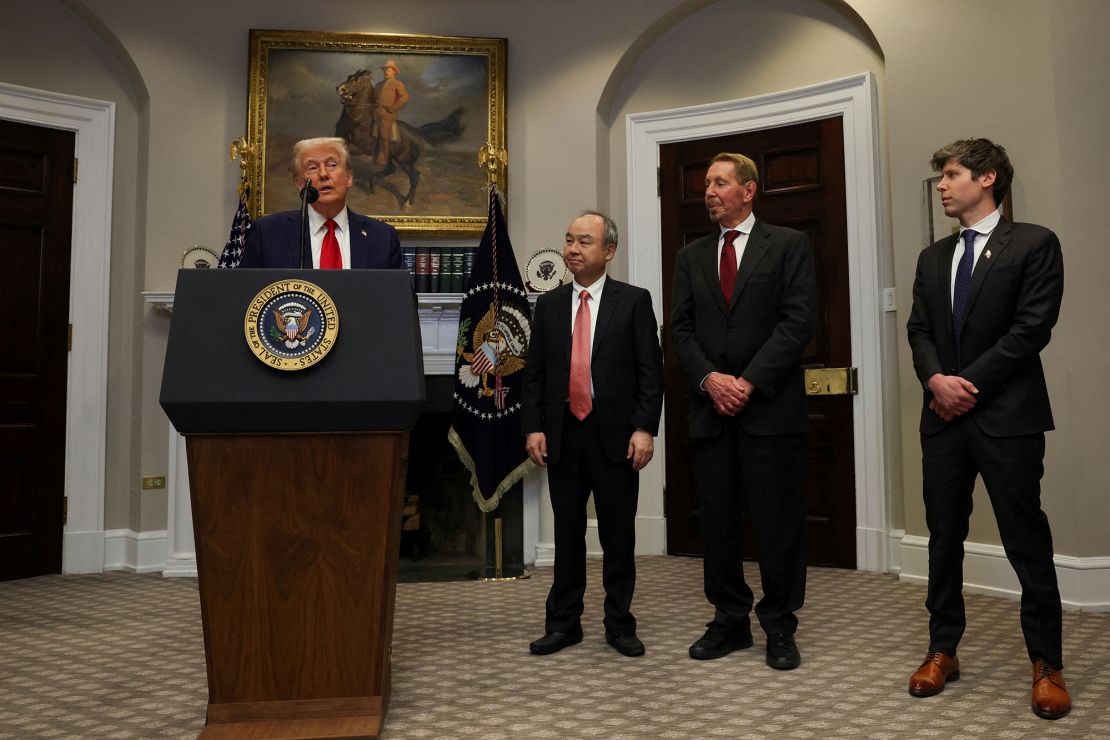 U.S. President Donald Trump delivers remarks on AI infrastructure, next to Oracle co-founder Larry Ellison, SoftBank CEO Masayoshi Son and OpenAI CEO Sam Altman at the Roosevelt room at White House in Washington, U.S., January 21, 2025.
