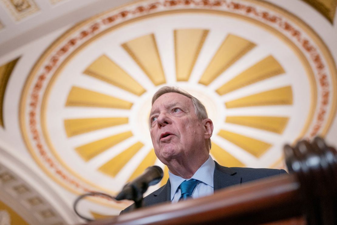 Sen. Dick Durbin (D-IL) speaks with reporters following the Senate Democrats' weekly policy lunch on Capitol Hill in Washington, D.C., U.S., March 11, 2025.