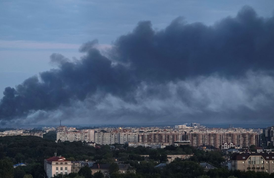 Smoke is seen in  Lviv, Ukraine, after a Russian drone and missile strike on July 12, 2025.