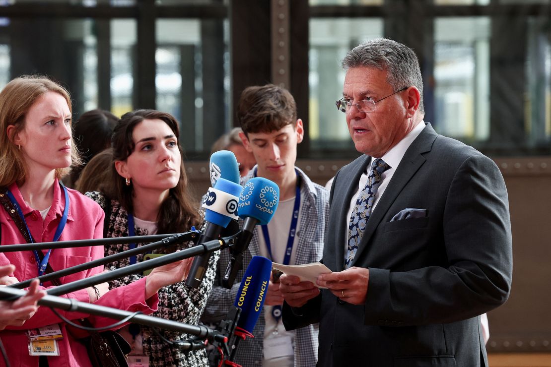 EU trade chief Maros Sefcovic speaks to reporters ahead of an EU Foreign Affairs Council meeting to discuss EU-US trade relations, in Brussels, Belgium on July 14.