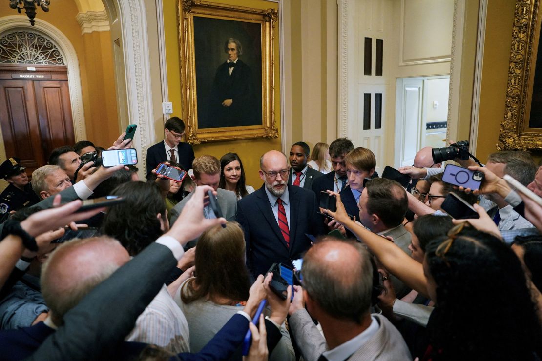 White House Office of Management and Budget Director Russ Vought speaks to reporters on Capitol Hill in Washington, DC, on Tuesday.